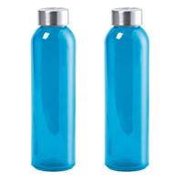 Bellatio 2x Stuks glazen waterfles/drinkfles blauw transparant met Rvs dop 550 ml -