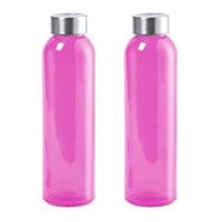 Bellatio 2x Stuks glazen waterfles/drinkfles fuchsia roze transparant met Rvs dop 550 ml -