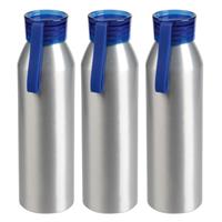 Bellatio 3x Stuks aluminium waterfles/drinkfles zilver met blauwe kunststof schroefdop 650 ml -