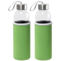Bellatio 4x Stuks glazen waterfles/drinkfles met groene softshell bescherm hoes 520 ml -
