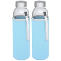 4x stuks glazen waterfles/drinkfles met lichtblauwe softshell bescherm hoes 500 ml -