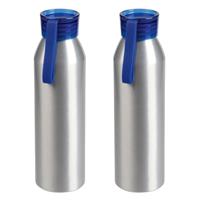 Bellatio 2x Stuks aluminium waterfles/drinkfles zilver met blauwe kunststof schroefdop 650 ml -