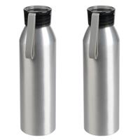 Bellatio 2x Stuks aluminium waterfles/drinkfles zilver met grijze kunststof schroefdop 650 ml -
