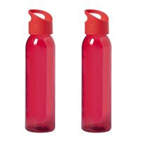 Bellatio 4x Stuks glazen waterfles/drinkfles rood transparant met schroefdop met handvat 470 ml -