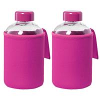 Bellatio 4x stuks glazen waterfles/drinkfles met fuchsia roze softshell bescherm hoes 600 ml -