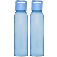 4x stuks glazen waterfles/drinkfles transparant blauw met schroefdop met handvat 500 ml -