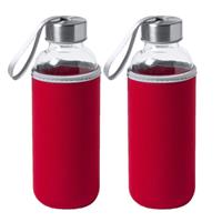 Bellatio 2x Stuks glazen waterfles/drinkfles met rode softshell bescherm hoes 420 ml -