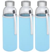 3x stuks glazen waterfles/drinkfles met lichtblauwe softshell bescherm hoes 500 ml -