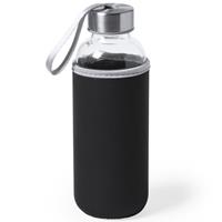 Bellatio Glazen waterfles/drinkfles met zwarte softshell bescherm hoes 420 ml -