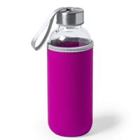 Bellatio Design Glazen waterfles/drinkfles met fuchsia roze softshell bescherm hoes 420 ml -