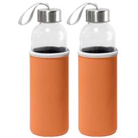 Bellatio 2x Stuks glazen waterfles/drinkfles met oranje softshell bescherm hoes 520 ml -