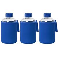 Bellatio 3x Stuks glazen waterfles/drinkfles met blauwe softshell bescherm hoes 600 ml -