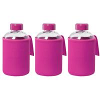 Bellatio 3x stuks glazen waterfles/drinkfles met fuchsia roze softshell bescherm hoes 600 ml -