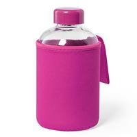 Bellatio Glazen waterfles/drinkfles met fuchsia roze softshell bescherm hoes 600 ml -