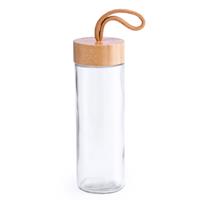 Bellatio Glazen waterfles/drinkfles transparant met bamboe houten dop met handvat 420 ml -