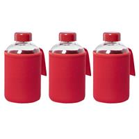 Bellatio 6x Stuks glazen waterfles/drinkfles met rode softshell bescherm hoes 600 ml -