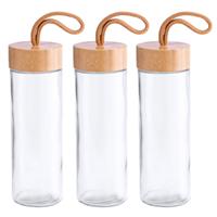 Bellatio 6x Stuks glazen waterfles/drinkfles transparant met bamboe houten dop met handvat 420 ml -