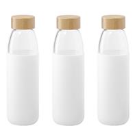 Bellatio 3x Stuks glazen waterfles/drinkfles met witte siliconen bescherm hoes 540 ml -
