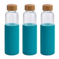 Bellatio 3x Stuks glazen waterfles/drinkfles met turquoise blauwe siliconen bescherm hoes 600 ml -