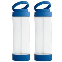 Bellatio 2x Stuks glazen waterfles/drinkfles met blauwe kunststof schroefdop en smartphone houder 390 ml -