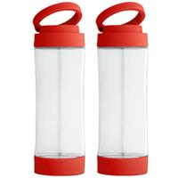 Bellatio 2x Stuks glazen waterfles/drinkfles met rode kunststof schroefdop en smartphone houder 390 ml -