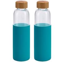 Bellatio 4x Stuks glazen waterfles/drinkfles met turquoise blauwe siliconen bescherm hoes 600 ml -