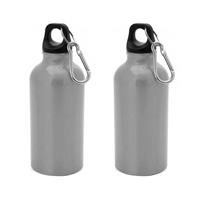 Bellatio 2x Stuks aluminium waterfles/drinkfles zilver met schroefdop en karabijnhaak 400 ml -