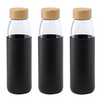 Bellatio 3x Stuks glazen waterfles/drinkfles met zwarte siliconen bescherm hoes 540 ml -