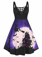 Rosegal Plus Size Halloween Moon Bat Castle Lattice A Line Dress