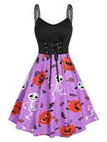 Rosegal Plus Size Pumpkin Skeleton Print Lace Up Halloween Dress