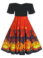 Rosegal Plus Size Pumpkin Cat Print Velour Flutter Sleeve Dress
