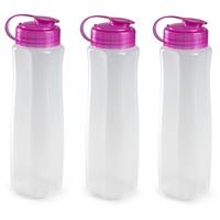 Forte Plastics 3x stuks kunststof waterflessen 1000 ml transparant met dop roze -