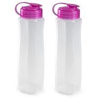 Forte Plastics 2x stuks kunststof waterflessen 1000 ml transparant met dop roze -