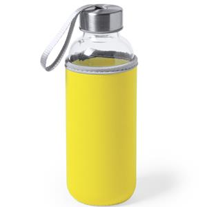 Bellatio Glazen waterfles/drinkfles met gele softshell bescherm hoes 420 ml -