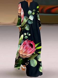 SaraMart ZANZEA Damen europäisches und amerikanisches Temperament Blumendruck kleiner V-Ausschnitt lange Ärmel Modetrend eleganter langer Rock locker vier Jah