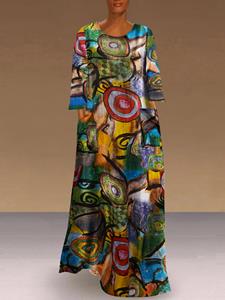 SaraMart VONDA Damen Hit rbmuster bedrutes Rundhals langärmeliges langes Kleid schlichter Stil lässiger Stil Kornischer Stil im europäischen und amerikanische