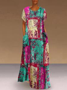 SaraMart VONDA Damen Urlaub Stil Öemälde Stil Blumendru Design langes Kleid Europäisches und amerikanisches einches rbabstimmungsdesign Rundhalsausschnitt Kur