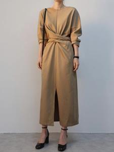 SaraMart VONDA Damen europäischen und amerikanischen Stil reine rbe einches Tament langes Kleid unregelmäßige Taille Design Saum Schlitz Mode lässig lose lang