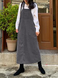 SaraMart Frau Celmia koreanischen Stil reine Farbe einfaches Temperament quadratischen Halsband Schnalle Taschen Mode lose beiläufige Trägerkleid große Größe