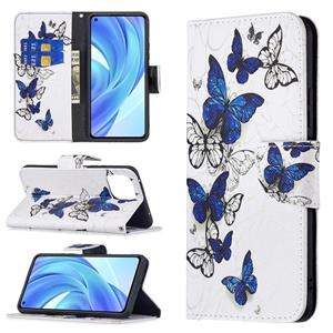 huismerk Voor Xiaomi MI 11 Lite Gekleurde Tekening Patroon Horizontale Flip Lederen Case Met Houder & Card Slots & Portemonnee (Blauwe Vlinders)