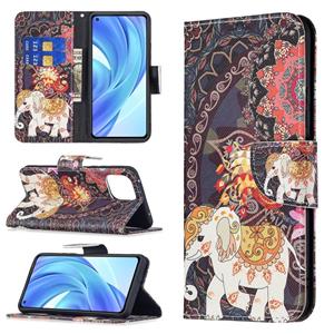 huismerk Voor Xiaomi MI 11 Lite Gekleurde Tekening Patroon Horizontale Flip Lederen Case met Houder & Card Slots & Portemonnee (Bloemen Olifant)