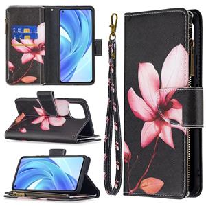 huismerk Voor Xiaomi MI 11 Lite Gekleurde Tekening Patroon Rits Horizontale Flip Leren Case met Houder & Card Slots & Wallet (Lotus)