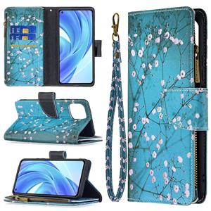 huismerk Voor Xiaomi MI 11 Lite Gekleurde Tekening Patroon Rits Horizontale Flip Leren Case met Houder & Card Slots & Portemonnee (Plum Blossom)