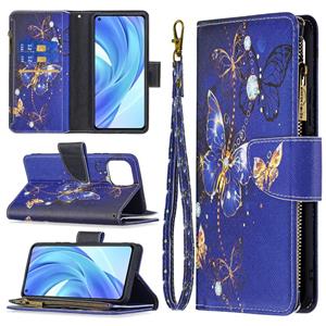 huismerk Voor Xiaomi MI 11 Lite Gekleurde Tekening Patroon Rits Horizontale Flip Leren Case met Houder & Card Slots & Portemonnee (Purple Butterfly)