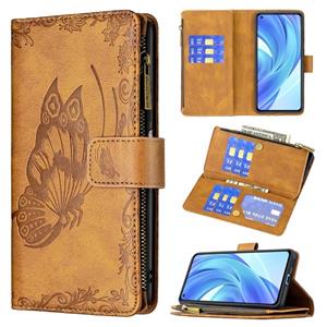 huismerk Voor Xiaomi MI 11 Lite Flying Butterfly Embossing Pattern Rits Horizontale Flip Lederen Case met Houder & Card Slots & Portemonnee (Bruin)