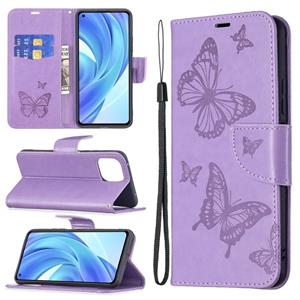 huismerk Voor Xiaomi MI 11 Lite Embossing Two Butterflies Pattern Horizontal Flip PU Lederen Case met Houder & Card Slot & Portemonnee & Lanyard (Paars)