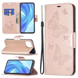 huismerk Voor Xiaomi MI 11 Lite Embossing Two Butterflies Pattern Horizontale Flip PU Lederen Case met Houder & Card Slot & Portemonnee & Lanyard (Rose Gold)