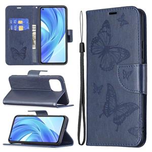 huismerk Voor Xiaomi MI 11 Lite Embossing Two Butterflies Pattern Horizontal Flip PU Lederen Case met Houder & Card Slot & Portemonnee & Lanyard (Blauw)