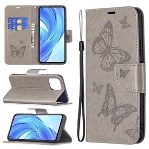 huismerk Voor Xiaomi Mi 11 Lite Embossing Two Butterflies Pattern Horizontal Flip PU Lederen Case met Houder & Card Slot & Wallet & Lanyard