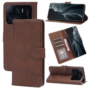 huismerk Voor Xiaomi MI 11 Ultra reliëf Happy Cat Patroon Horizontale Flip Leren Case met Houder & Card Slots & Portemonnee (Bruin)